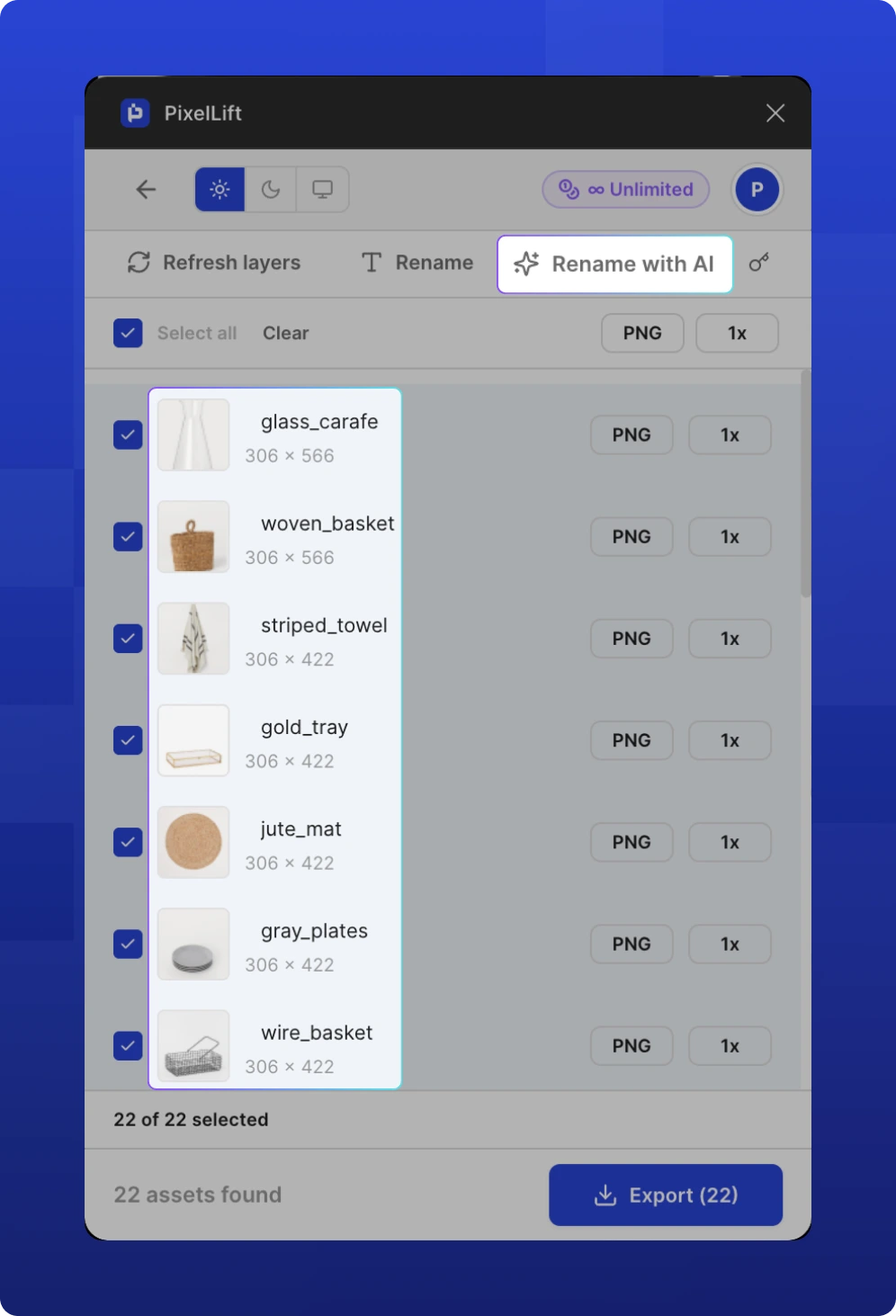 PixelLift Figma plugin showing the Rename with AI feature active. 22 assets are selected and automatically renamed with descriptive file names like glass_carafe, woven_basket, striped_towel, and gold_tray. The Export (22) button is visible at the bottom.