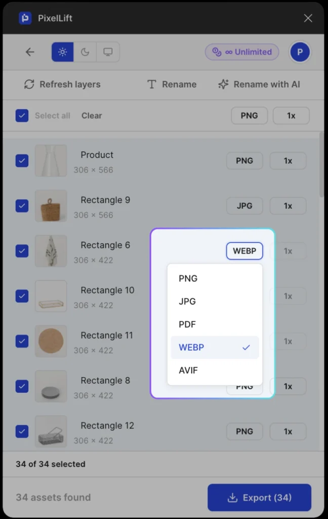 PixelLift Figma plugin showing per-asset file format selection. The format dropdown is open on a single asset with WEBP selected. The full list of available formats is visible: PNG, JPG, PDF, WEBP, and AVIF. Other assets in the list show different formats, with Product set to PNG and Rectangle 9 set to JPG, demonstrating that each asset can be exported in a different format independently.