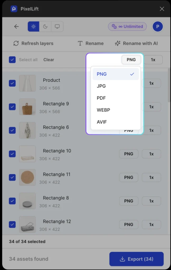 PixelLift Figma plugin showing the global file format dropdown open at the top of the asset list. PNG is currently selected with a checkmark. The full format options are visible: PNG, JPG, PDF, WEBP, and AVIF. Changing the format here applies to all 34 selected assets at once, allowing bulk export WebP and AVIF images from Figma.