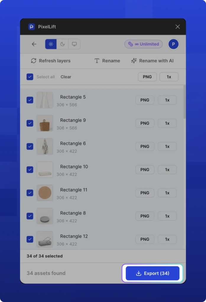 PixelLift Figma plugin showing 34 assets selected for bulk export. The Export (34) button is highlighted, ready to export assets from Figma.