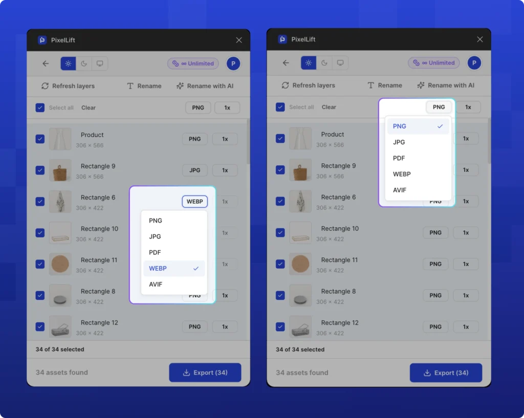 PixelLift Figma plugin showing file format selection for individual assets and all assets globally. The format dropdown is open with options PNG, JPG, PDF, WEBP, and AVIF. WEBP is selected on one asset on the left panel, PNG is selected globally on the right panel.