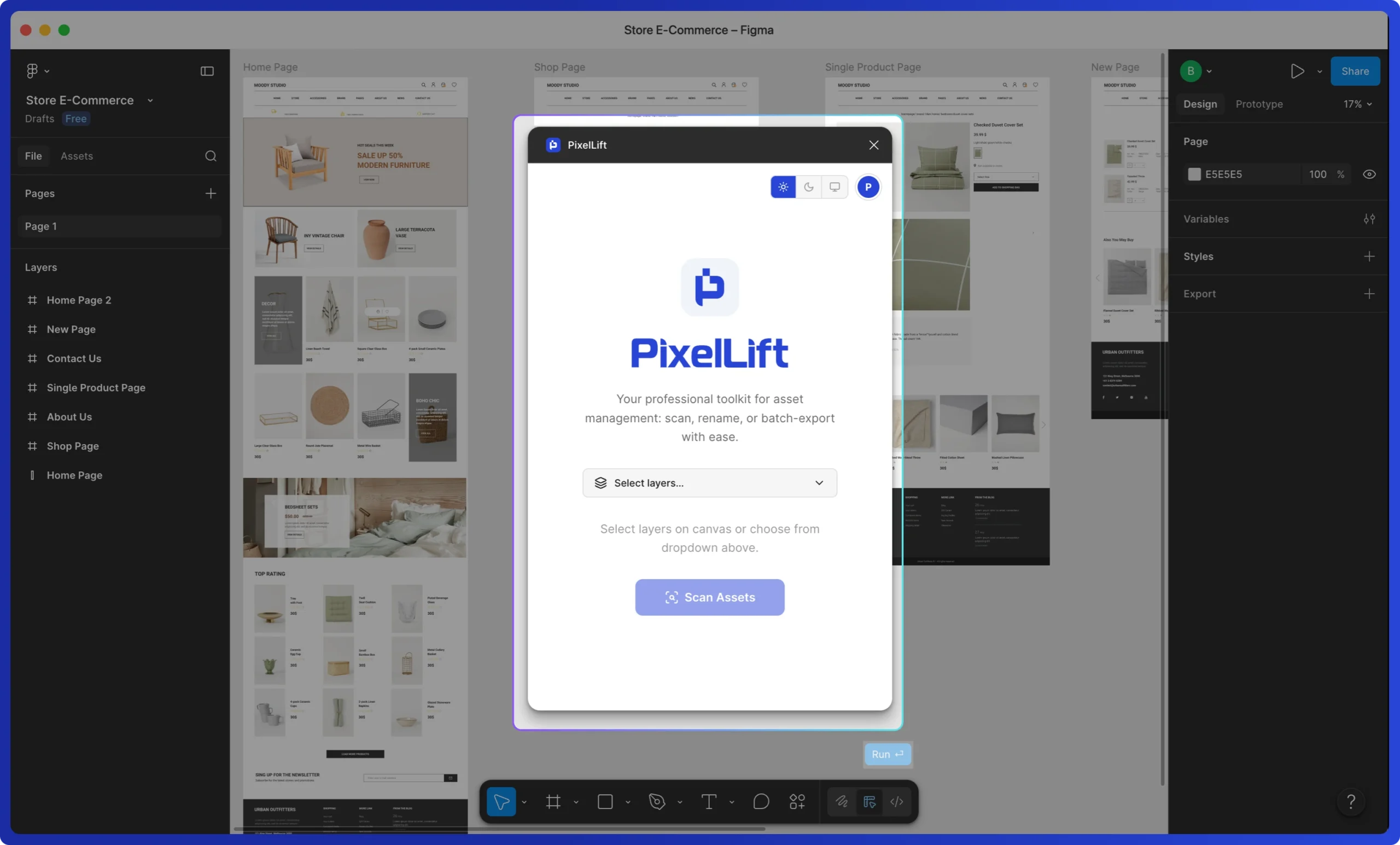 PixelLift Figma plugin open inside a Figma desktop file called Store E-Commerce. The plugin launch screen shows the PixelLift logo, a Select layers dropdown, helper text to select layers on canvas or from the dropdown, and a Scan Assets button.