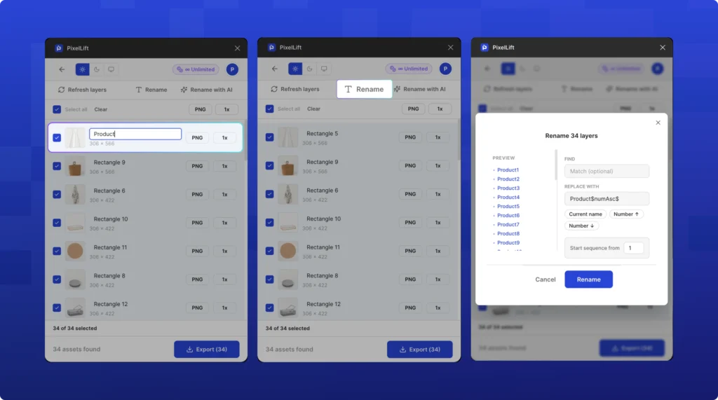 PixelLift Figma plugin showing three ways to rename assets. Left panel shows inline single-asset renaming with the name typed as Product. Middle panel shows the bulk Rename tool open across 34 layers. Right panel shows the rename dialog with find and replace fields, sequence numbering using Product dollar numAsc dollar, and a live preview showing Product1 through Product9.
