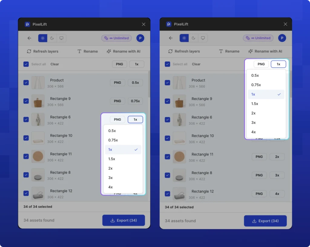 PixelLift Figma plugin showing scale and resolution settings per asset and globally. Left panel shows the scale dropdown open on a single asset with options from 0.5x to 4x and 1x currently selected. Right panel shows the global scale dropdown open with assets set to different scales including 0.5x, 0.75x, 2x, 3x, and 4x.